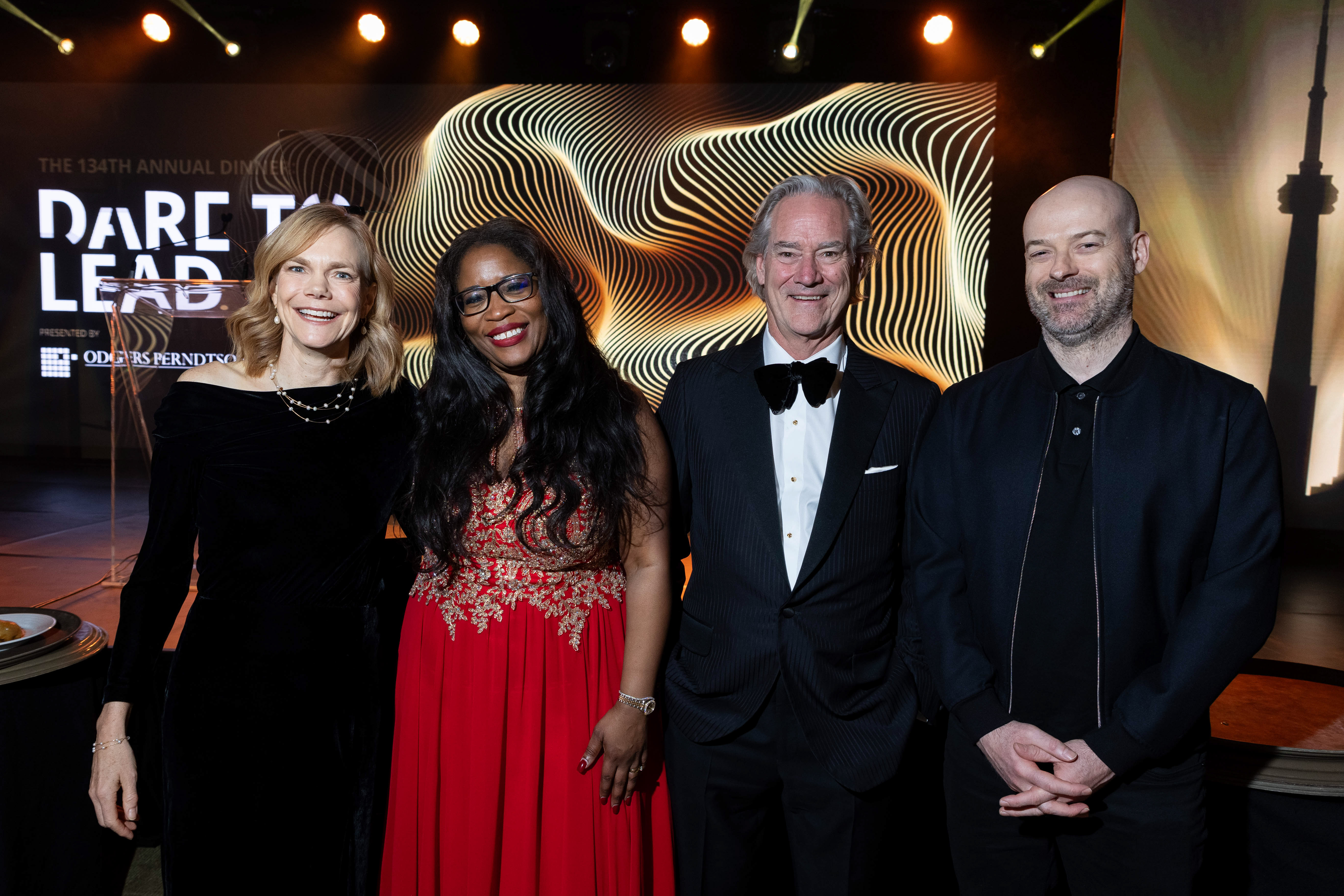 2024 Toronto Region Builder Award Recipient Janet Bannister with Toronto Talks speakers Claudette McGowan, Michael McCain and Christian Weedbrook. (L-R)