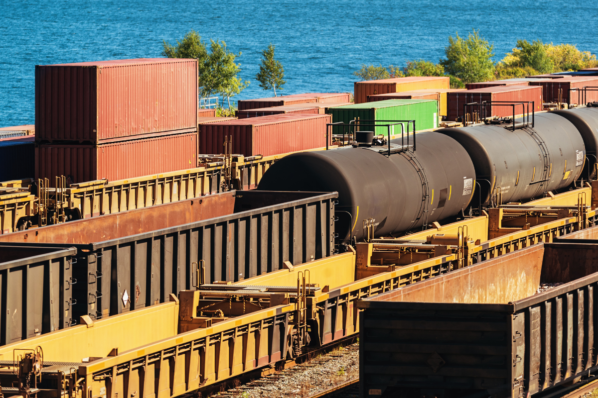 A railyard filled with freight cargo