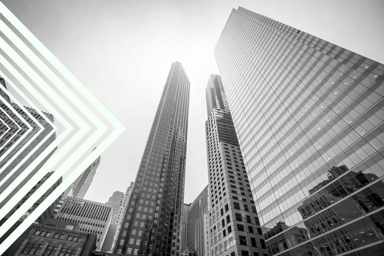 Bank towers in Toronto from a low perspective, with a grey filter applied.