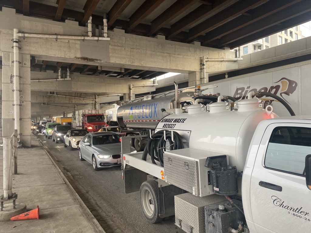 Traffic piled up beneath the Gardiner Expressway.